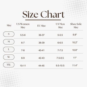 Neutral beige size chart for men’s and women’s slippers showing US sizes, EU sizes, and shoe sole measurements from S to XXL.