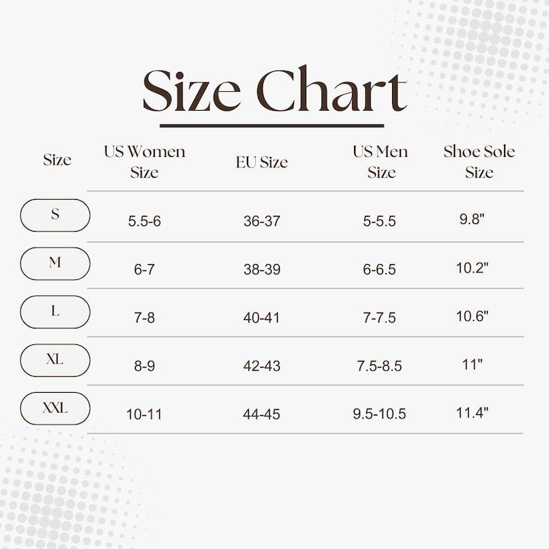 Neutral beige size chart for men’s and women’s slippers showing US sizes, EU sizes, and shoe sole measurements from S to XXL.