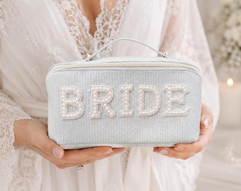 Bride Cosmetic Bag, Pearl Rhinestone Lettering, Bridal Shower Gift, Wedding Travel Pouch
