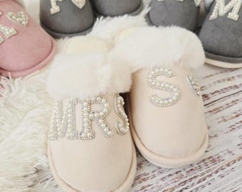 Custom Mrs. Fluffy Slippers: Bridal Pearl Rhinestone House Shoes