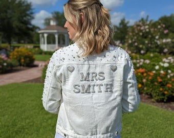 Custom Pearl Rhinestone Bride Denim Jacket - Wedding Mrs.