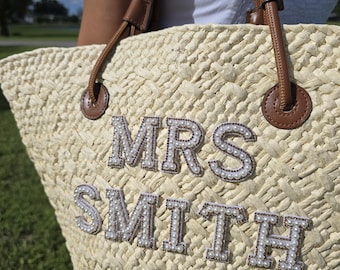 Mrs Straw Bag: Personalized Beach Tote with Luxe Pearl Lettering