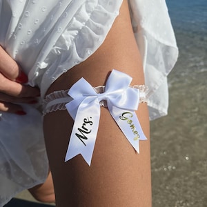 Custom Bride Garter: White Satin Bow, Personalized Wedding Keepsake