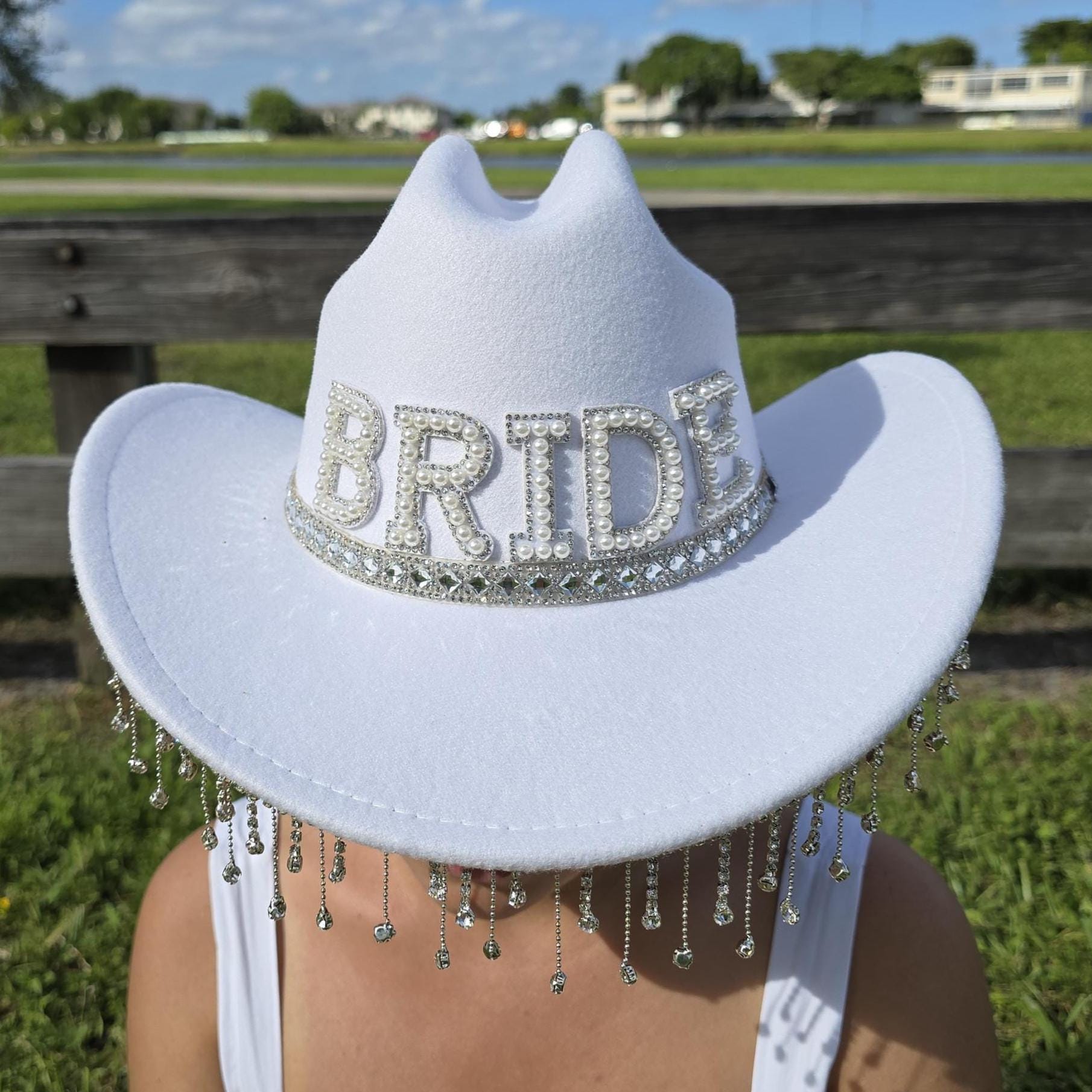 ? Wedding Gift ? White Bling Studded BRIDE Message Pointed Cowboy Hat Rhinestone Bride Western Hat- Bride Cowgirl Hat- Bling Bride  main image 2