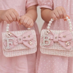 Custom Kids Tweed Mini Bag: Rhinestone Initial, Pearl Handle