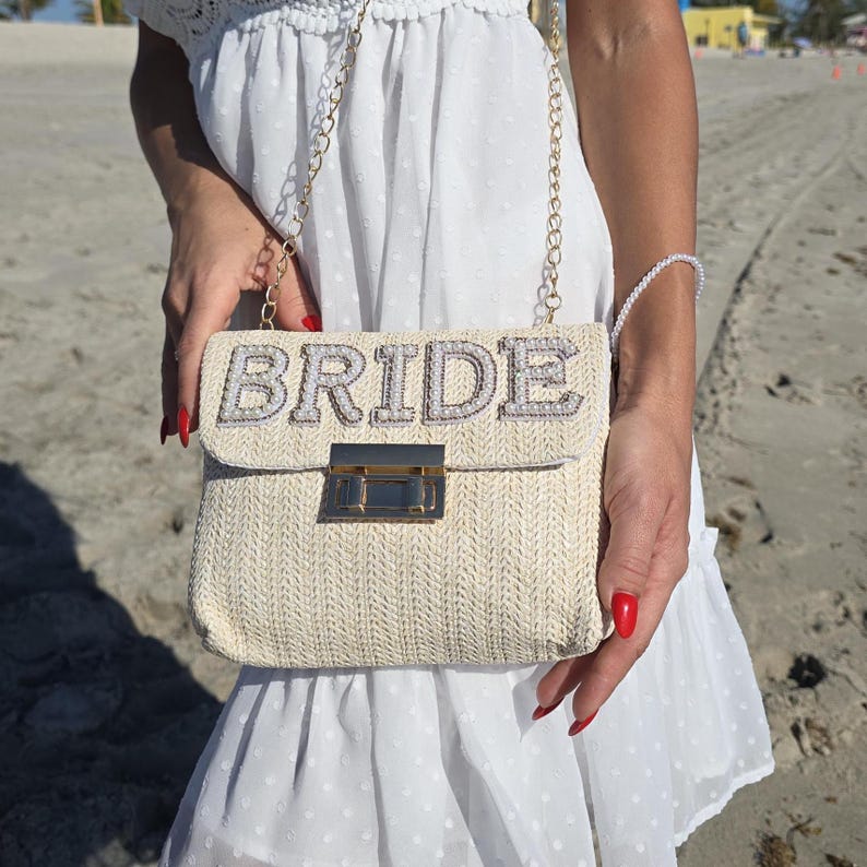 Pearl BRIDE Straw Clutch: Woven Wedding Handbag With Gold Chain - Etsy