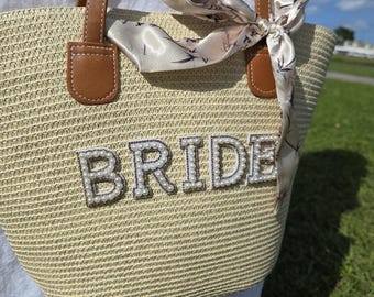 Custom Pearl Bride Straw Beach Bag, Personalized Wedding Tote