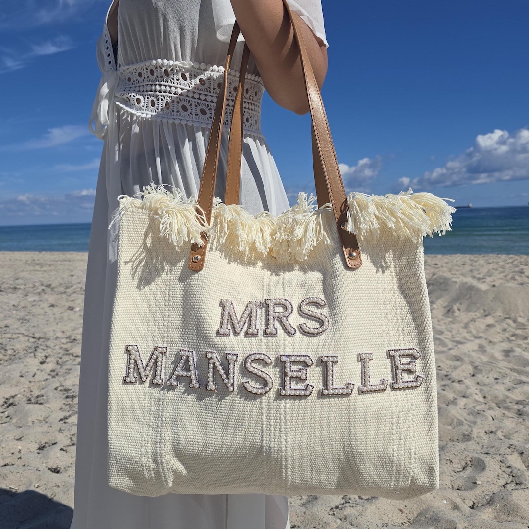 Custom Bride Tote Bag: Bridal Shower Gift, Custom Mrs Pearl Letter - Ivory, 1 Side-up to 15 let