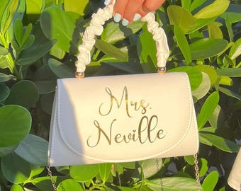 Personalized Bride Clutch: Faux Leather Bridal Bag with scrunched Handle