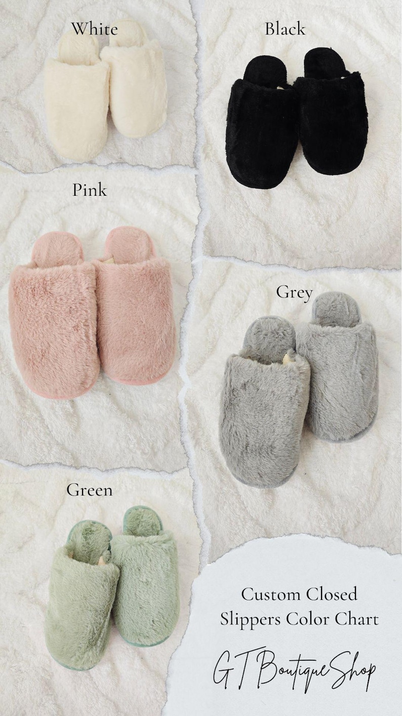 Four pairs of fuzzy closed slippers in different colors – white, black, pink, and green – displayed on a soft white background with text labels showing each color option, from GT Boutique Shop.