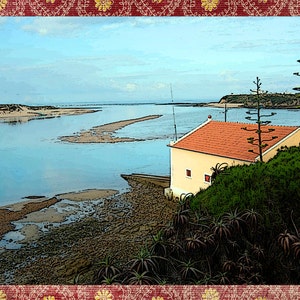 Foto notecard Milfontes Harbor in de Alentejo regio van Portugal. 5.5" x4.25", leeg.