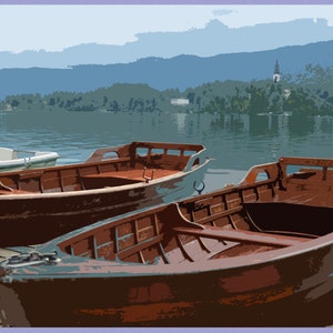 Houten boten op het meer van Bled, Slovenië, 7"x5" (landschap), lege, dunne blauwe en lavendelkleurige randen