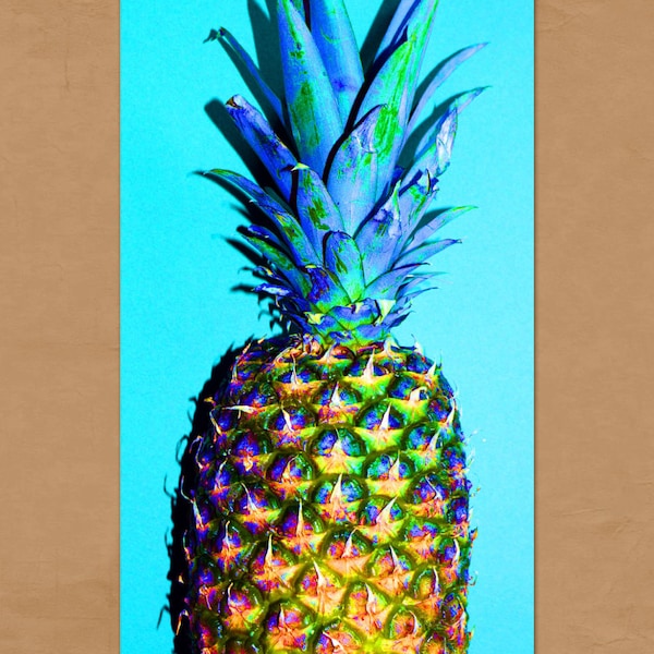 Colorful pineapple on blue background, photo note card, 4.25"x5.5", blank.