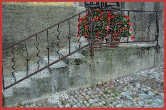 Begonias on stoop in old town Ljubljana, Slovenia, 5.5"x4.25" (landscape), card, blank, thin red border