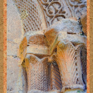 May include: Close-up of a section of an ancient stone structure. The image showcases detailed carvings, including stylized columns with intricate leaf-like patterns and ornate archway designs. The color palette is dominated by warm, earthy tones.