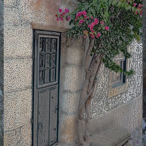 Peut inclure: Un bâtiment en pierre vieilli avec une porte en bois et une fenêtre. Des fleurs roses poussent sur un arbre devant le bâtiment.