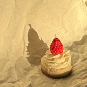 May include: A candle shaped like a miniature cheesecake, topped with a red strawberry. The cheesecake has a creamy white frosting and a brown crust. The candle sits on a beige fabric.