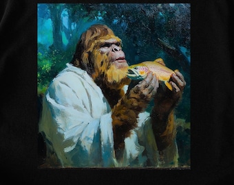Funny Sasquatch Holding Fish T-Shirt | Bigfoot Fishing Graphic Tee
