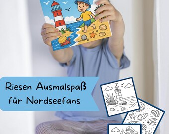 May include: A child holding a book titled "Wellen, Wind & Watt" with illustrations of a lighthouse, a boy, and sea creatures. The image also shows colouring pages with similar coastal themes.