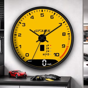 Car Wall Clock GT4 RS Style Yellow Speedometer Clock Wall Art for Garage and Men Caves Car Enthusiast Decoration Fathers Day Gift Idea