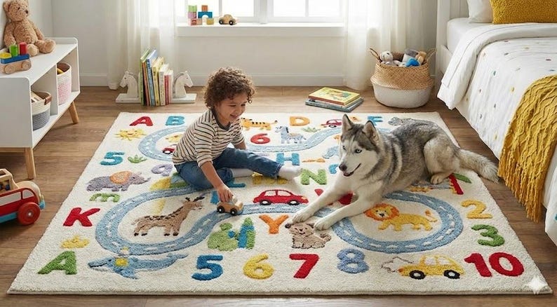 May include: A child and a dog are playing on a colorful rug with a road design, animals, and numbers. The rug features a light background with a blue road, and various animal illustrations. The child is playing with a wooden car.
