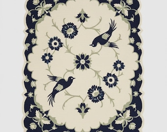 Navy Blue & Cream Botanical, Cottagecore Area Rug, Chinoiserie Style Rug, Hand Tufted Bedroom.
