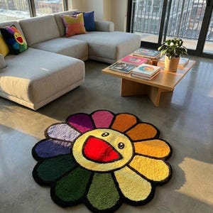 Colorful Flower Rug Smiley Face Tufted Area Rug Funky Carpet Daisy for Kids Modern