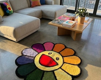 Colorful Flower Rug Smiley Face Tufted Area Rug Funky Carpet Daisy for Kids Modern