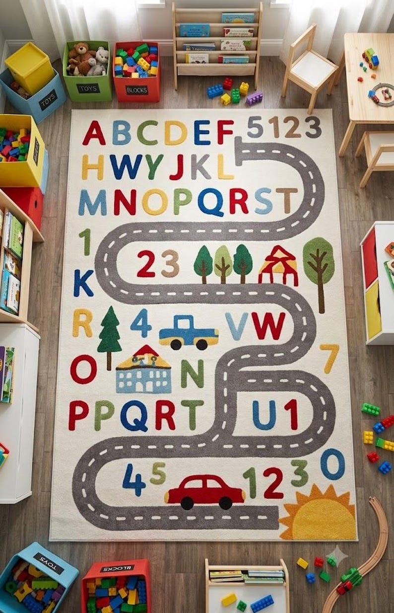 May include: A rectangular area rug featuring a cream background with a winding grey road, colourful alphabet letters, numbers, and various icons including trees, buildings, a blue car, a red car, and a yellow sun printed across the surface.