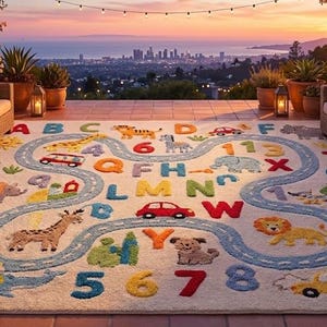 May include: A colorful children's rug with an alphabet and number design. The rug features a road with cars, animals, and letters from A to Z and numbers 1 to 10. The rug is on a patio with a city view.