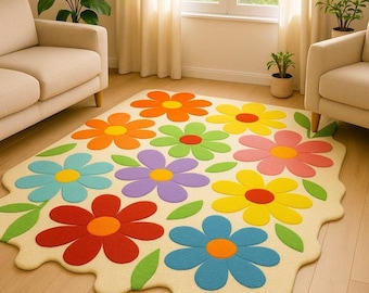 Colorful Daisy Flower Rug – Handmade Floral Area, Retro Bloom Carpet, Whimsical Kids Room Decor,