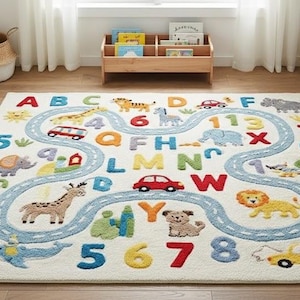Kids Alphabet Learning Rug, Educational Playroom Carpet, ABC Nursery Rug with Animals & Road, image 1