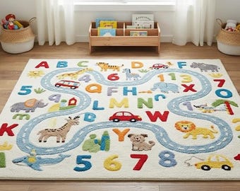 Kids Alphabet Learning Rug, Educational Playroom Carpet, ABC Nursery Rug with Animals & Road,