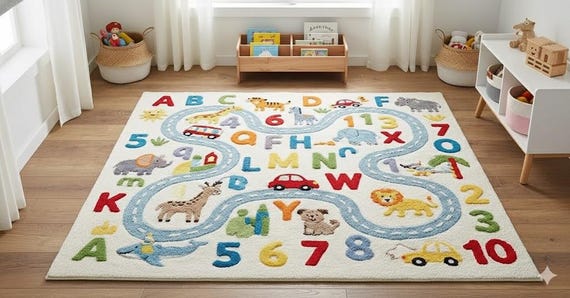 Kids Alphabet Learning Rug, Educational Playroom Carpet, ABC Nursery Rug with Animals & Road,