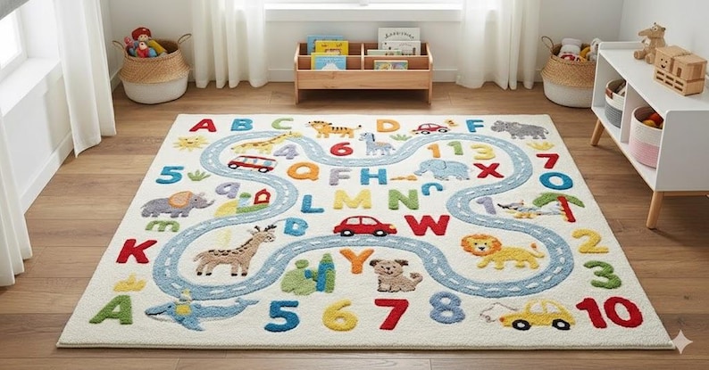 Kids Alphabet Learning Rug, Educational Playroom Carpet, ABC Nursery Rug with Animals & Road, image 1