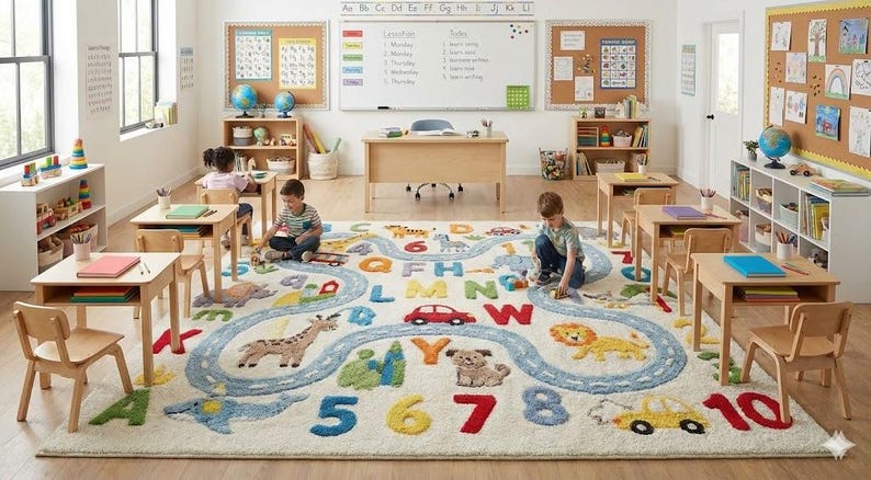 May include: A classroom scene featuring a large, colorful rug with a road design, animals, numbers, and letters. Wooden desks and chairs are arranged around the rug. The room includes a whiteboard, bulletin boards, and educational materials.