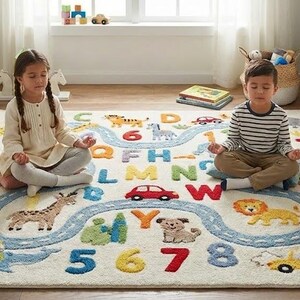 May include: A children's rug with a road design, letters, numbers, and animal illustrations. The rug features a light background with a blue road winding through the center. Colorful letters and numbers are scattered around the road, with animal illustrations.