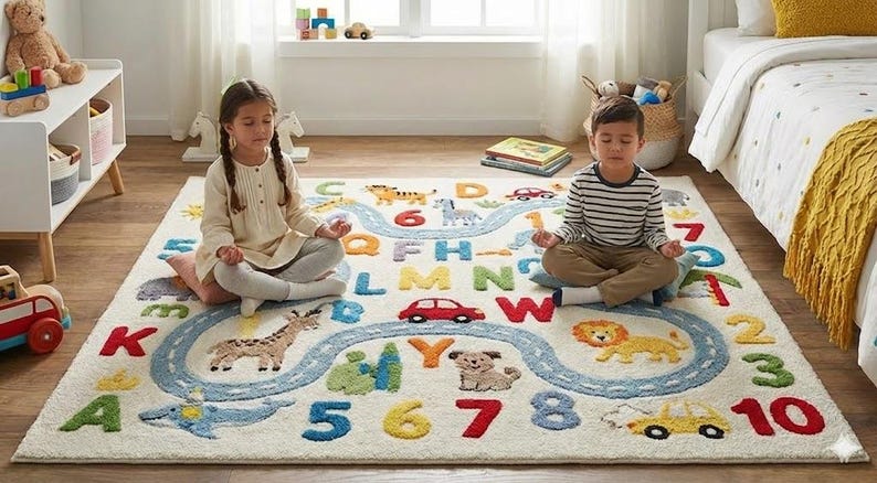 May include: A children's rug with a road design, letters, numbers, and animal illustrations. The rug features a light background with a blue road winding through the center. Colorful letters and numbers are scattered around the road, with animal illustrations.