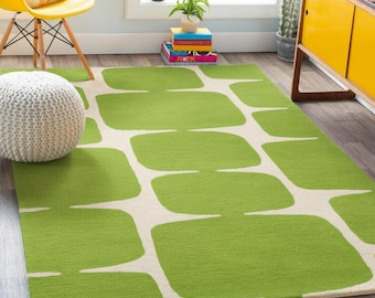 Ręcznie robiony zielony dywan geometryczny: styl Mid Century Modern