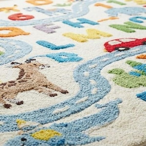 May include: A colorful children's rug with a cream background. The rug features a road design with letters, numbers, and animal illustrations. The letters and numbers are in various colors, and the animals include a giraffe and a tiger.