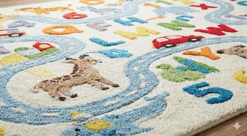 May include: A colorful children's rug with a cream background. The rug features a road design with letters, numbers, and animal illustrations. The letters and numbers are in various colors, and the animals include a giraffe and a tiger.