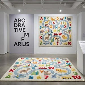 May include: An art gallery displays a colorful children's rug with an alphabet and number design. The rug features a road with cars, animals, and numbers. The walls display artwork and text, including the words "ABC DRATIVE M ARIJS."