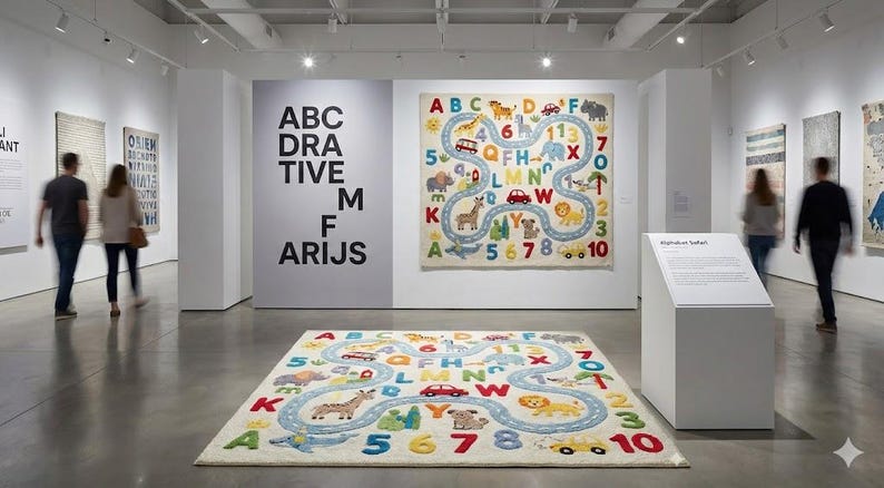 May include: An art gallery displays a colorful children's rug with an alphabet and number design. The rug features a road with cars, animals, and numbers. The walls display artwork and text, including the words "ABC DRATIVE M ARIJS."