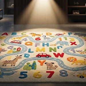 May include: A colorful children's rug with a road design, featuring letters, numbers, and animal illustrations. The rug has a cream background with a blue road winding through the center. Various vehicles and animals are placed along the road.