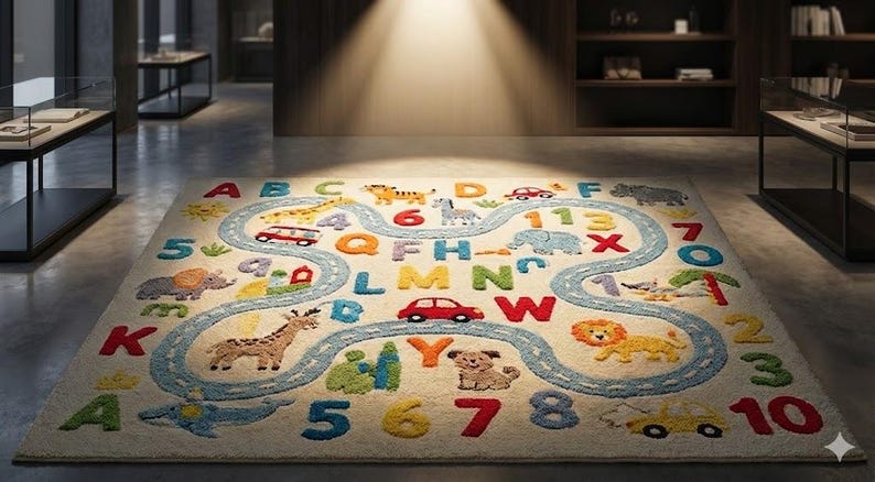 May include: A colorful children's rug with a road design, featuring letters, numbers, and animal illustrations. The rug has a cream background with a blue road winding through the center. Various vehicles and animals are placed along the road.