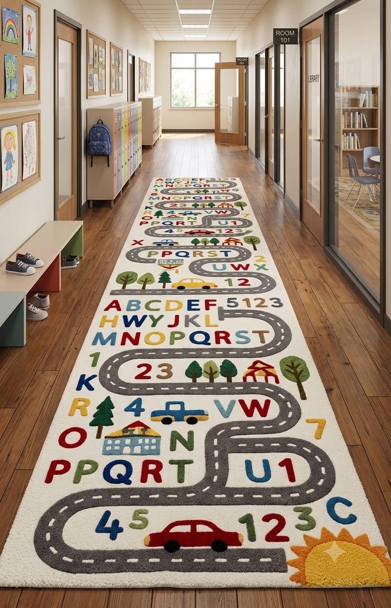 Kids Alphabet Learning Rug, Educational Playroom Carpet, ABC Nursery Rug with Animals & Road, image 4