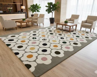 Handmade Tufted Daisy Floral Area Rug, Modern Boho Carpet, Colorful Retro Flower Rug
