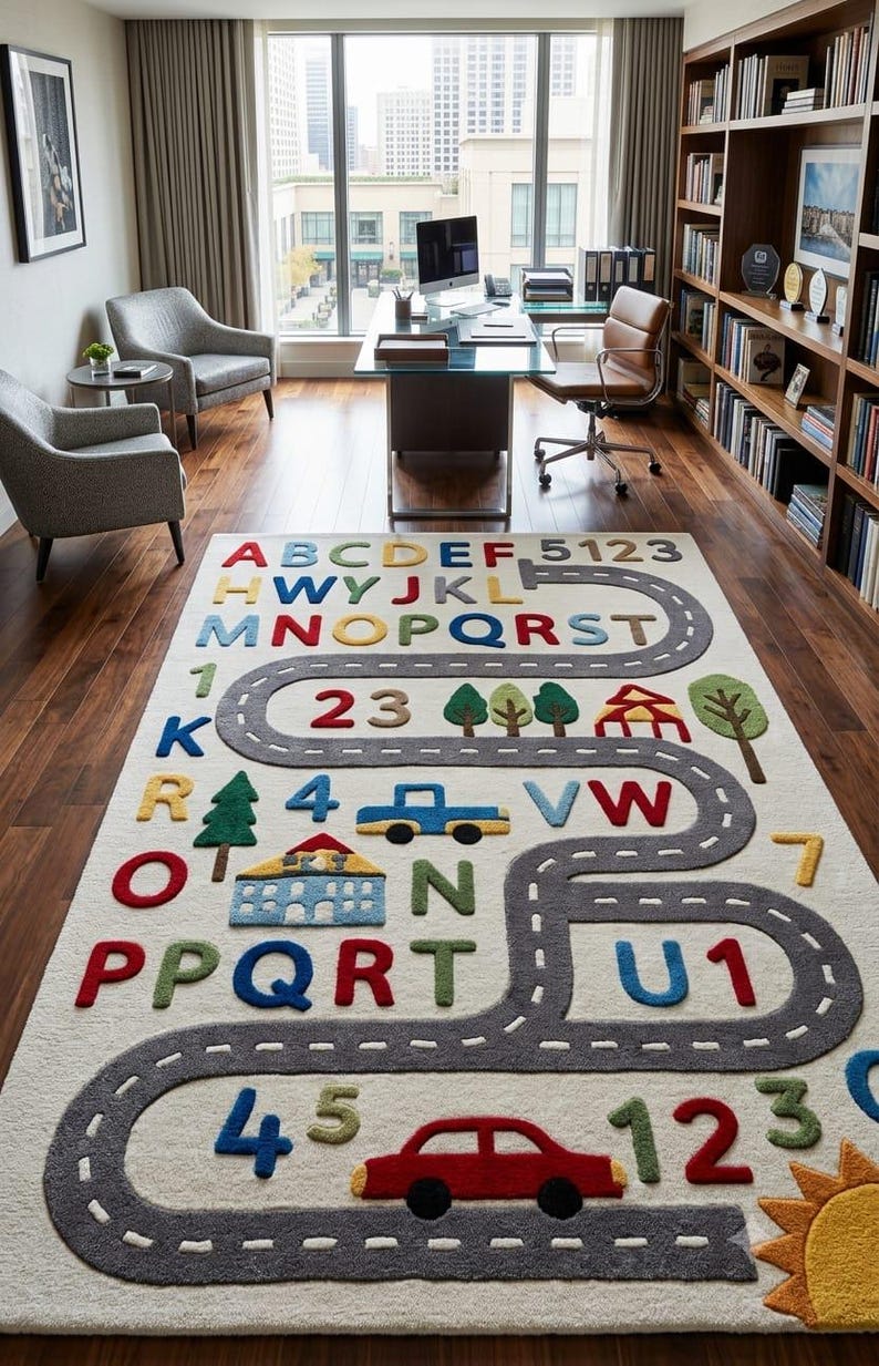May include: A rectangular area rug featuring a cream-coloured background with a winding grey road pattern. The design includes colourful raised letters of the alphabet, numbers, and small icons of trees, buildings, and cars scattered across the surface.