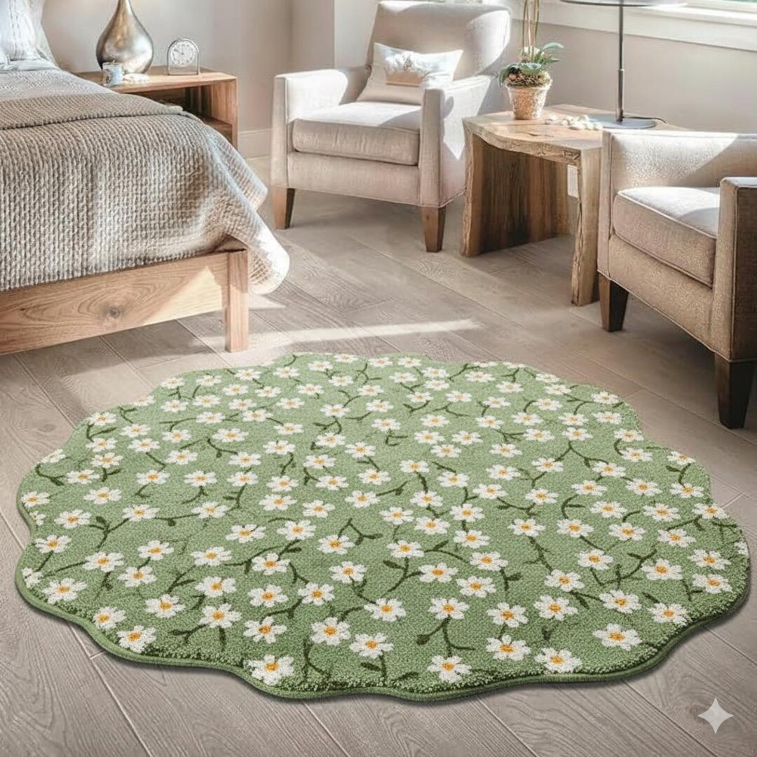 Handmade Tufted Daisy Rug: Green Floral Shaggy Carpet - Etsy