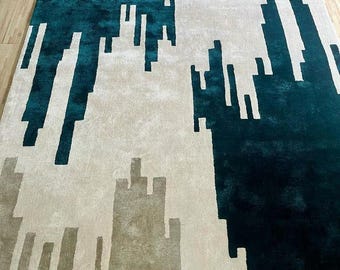 Modern Abstract Area Rug, Geometric Blue Beige Carpet, Contemporary Living Room Rug, Minimalist